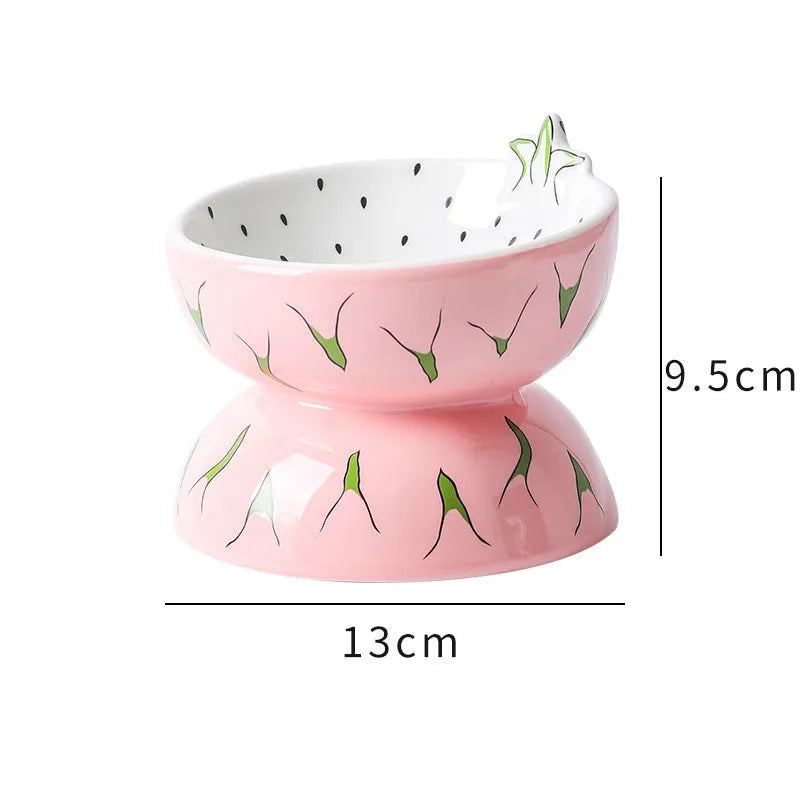 Orange patterned ceramic raised cat bowl with wide tilted dish on non-slip base.