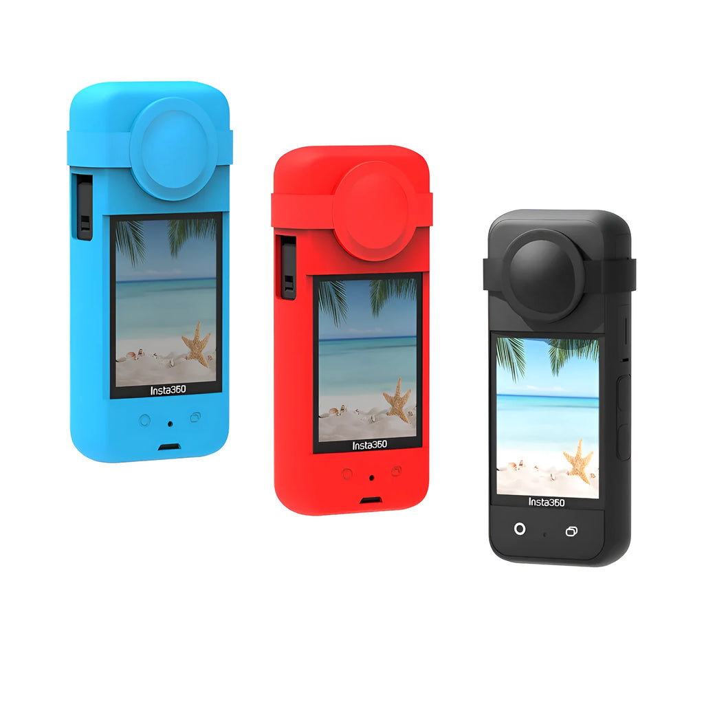 Insta360 ONE X3 silicone lens protective case in black, blue, and red colours, compact size