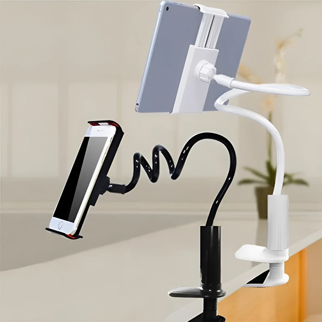 Black flexible mount holder with bendy arm and suction base holding a mobile phone