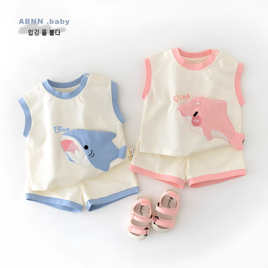 Blue shark cartoon vest and shorts set for toddlers, cotton blend pullover summer suit