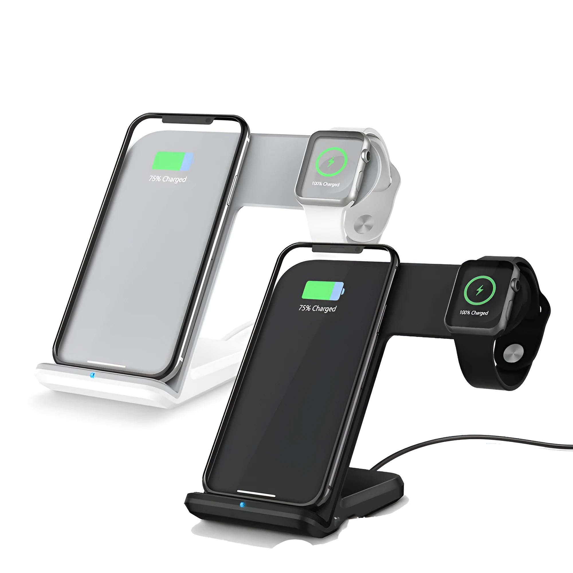 Black Qi wireless charging pad with phone on top and USB-C cable.