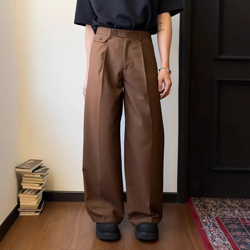 Men's straight-leg wide-leg casual suit pants in black or brown polyester blend fabric