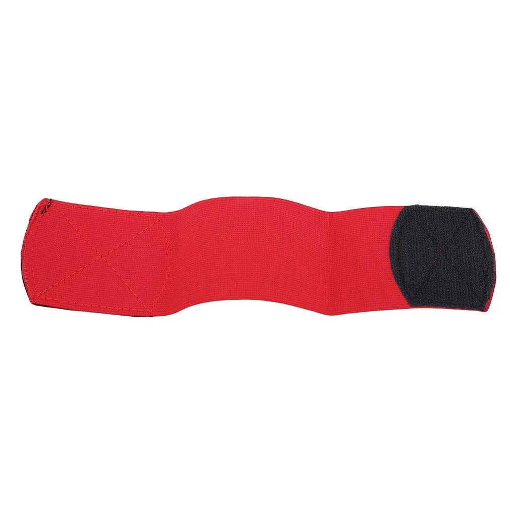 Elastic rubber shin guard strap for football and sports in red, blue, black, white colours.