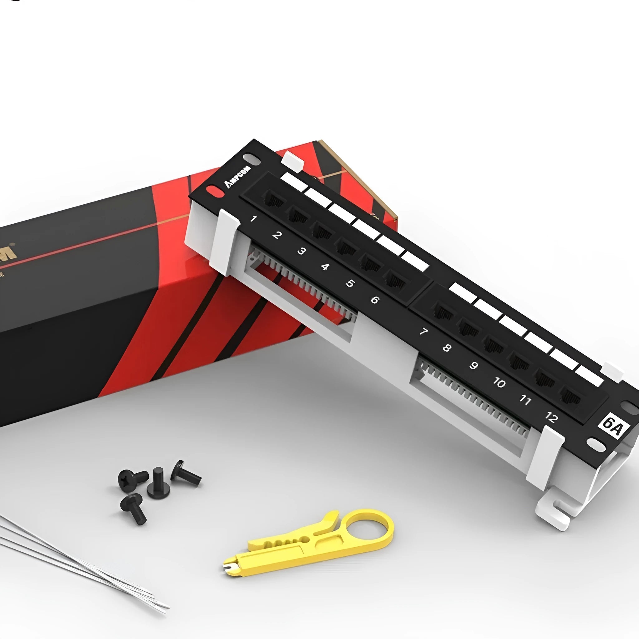 Black unshielded 12-port network distribution frame with hook bracket for cabinet mounting.
