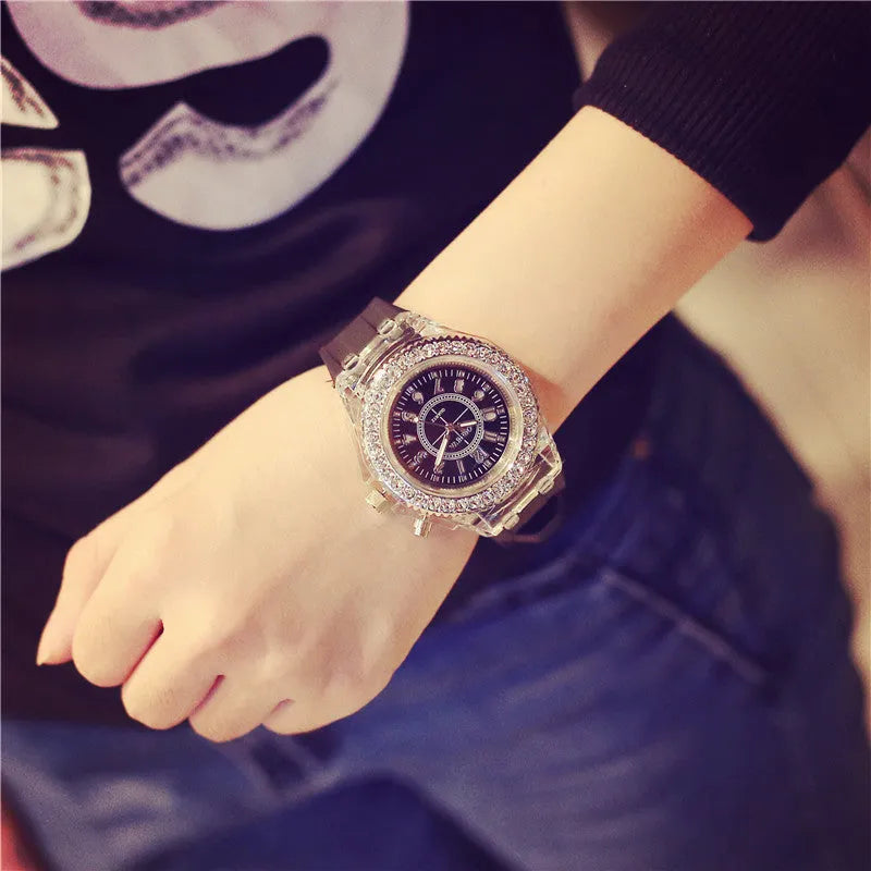 LED luminous women's quartz watch with silicone strap and 43mm alloy case