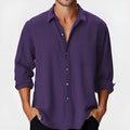 Men's loose fit long sleeve shirt with stand collar for beach holidays, available in multiple colours.