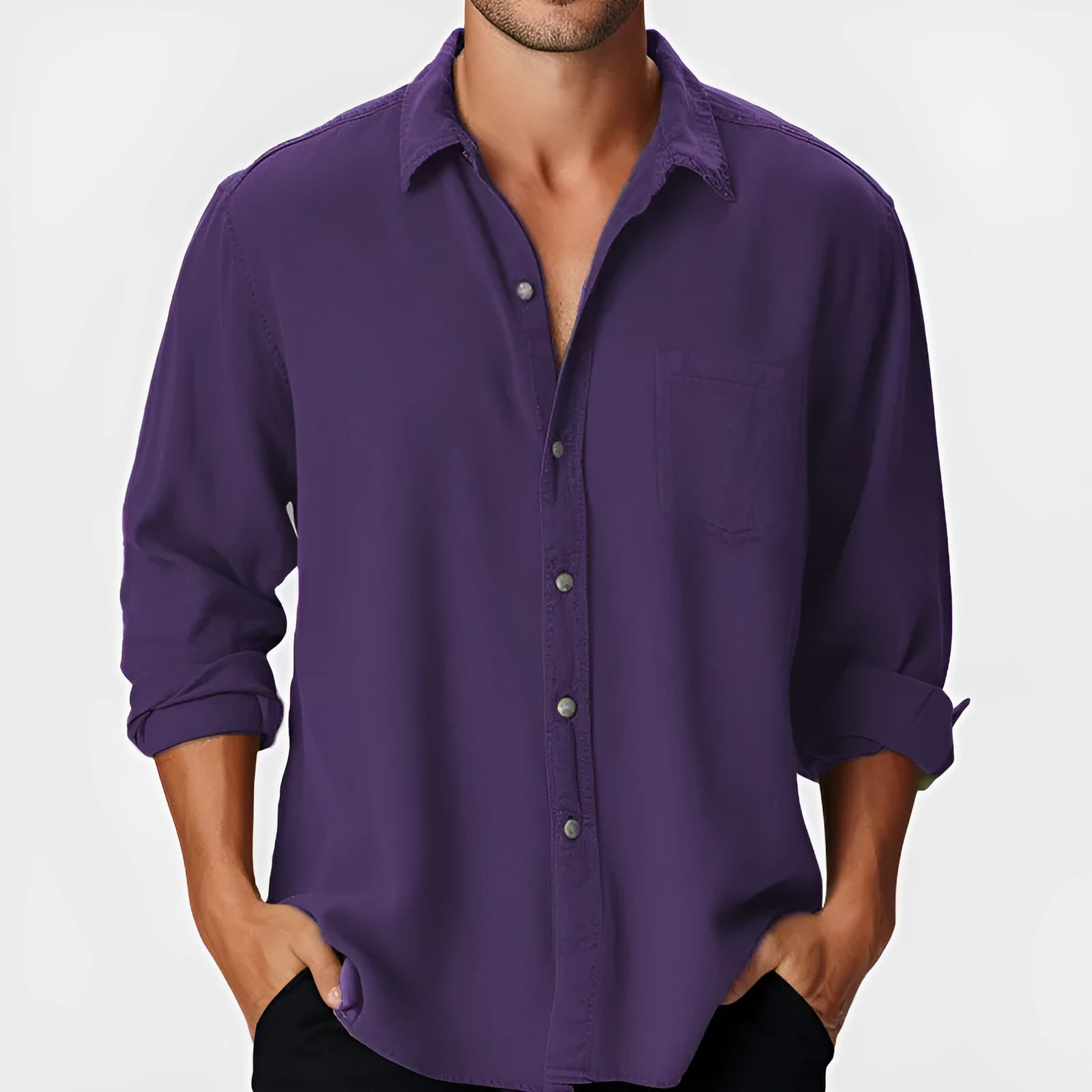Men's loose fit long sleeve shirt with stand collar for beach holidays, available in multiple colours.