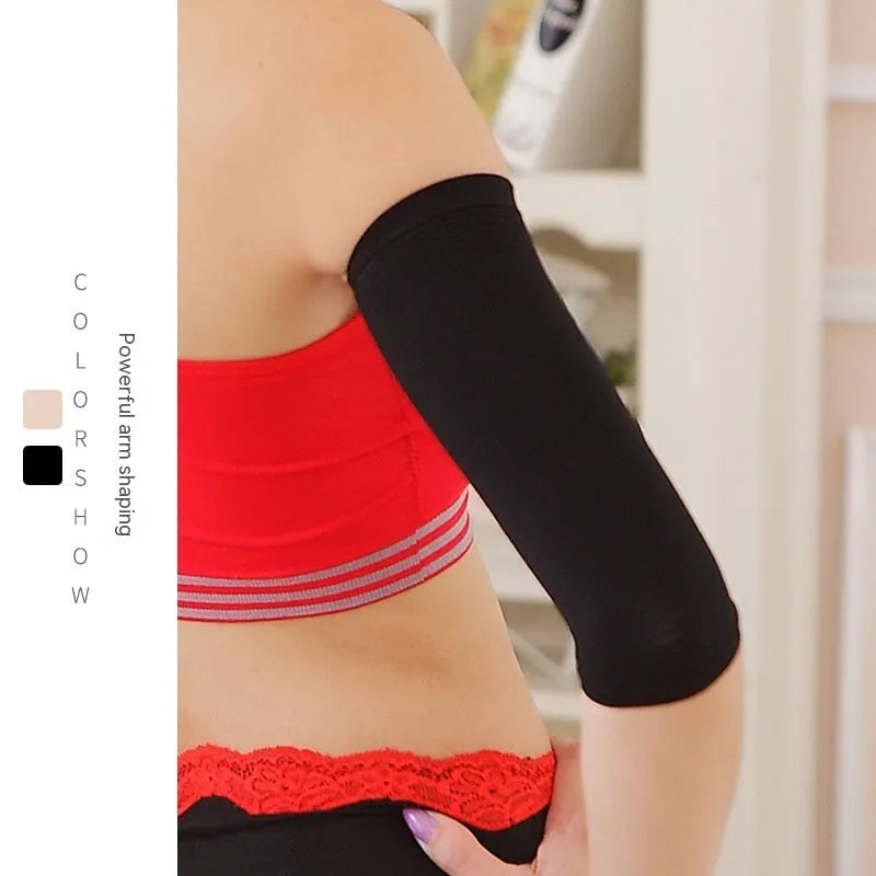 Women's black arm sleeves for upper arm shaping and coverage with stretch nylon fabric