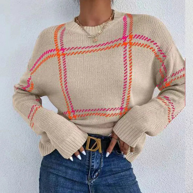 Women's loose fit plaid colour-block acrylic sweater with crew neck in striped apricot, black, beige, red, and green design.