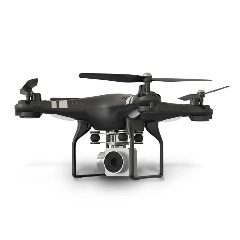 Black alloy HD aerial photography drone with remote control handle in flight.