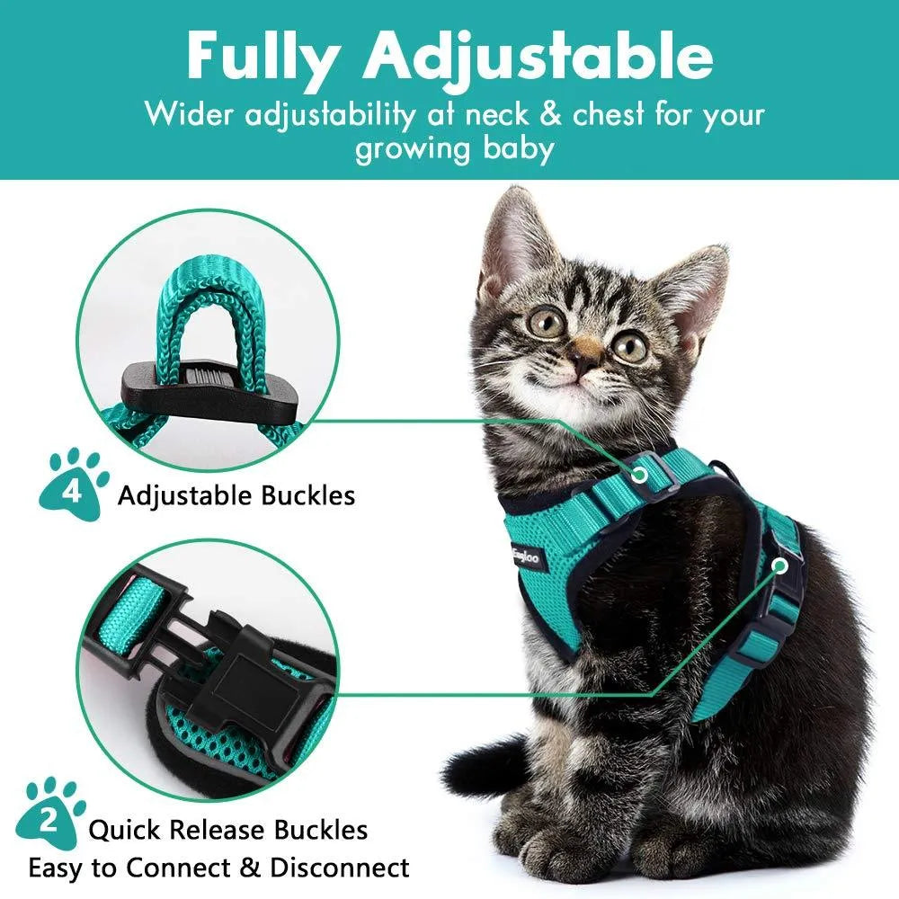 Escape proof reflective cat vest harness with car seat belt adapter for kittens