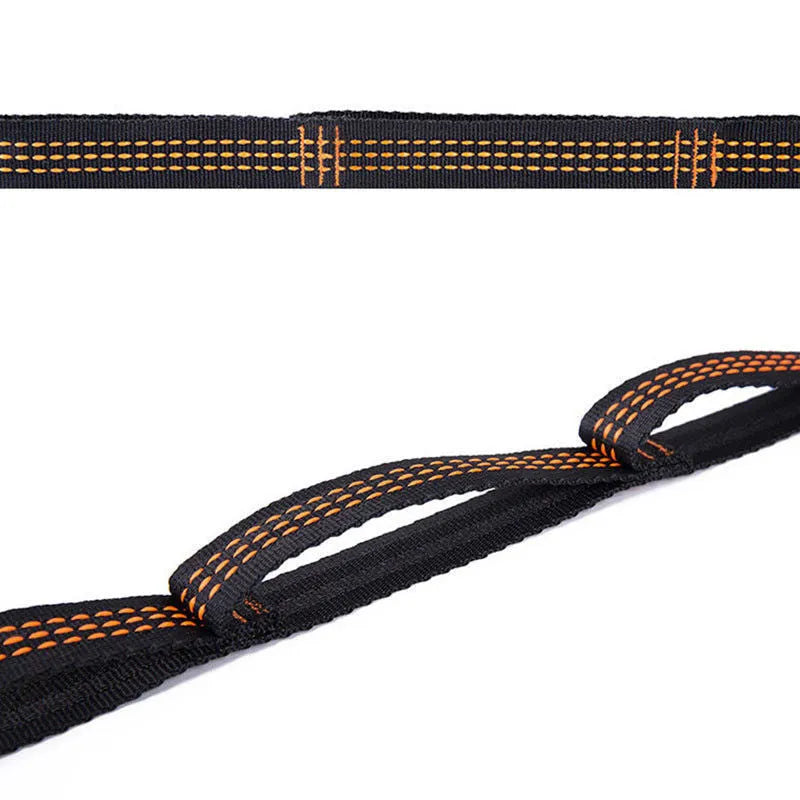 Two polyester hammock straps with six loops each, 1 m length, on a tree