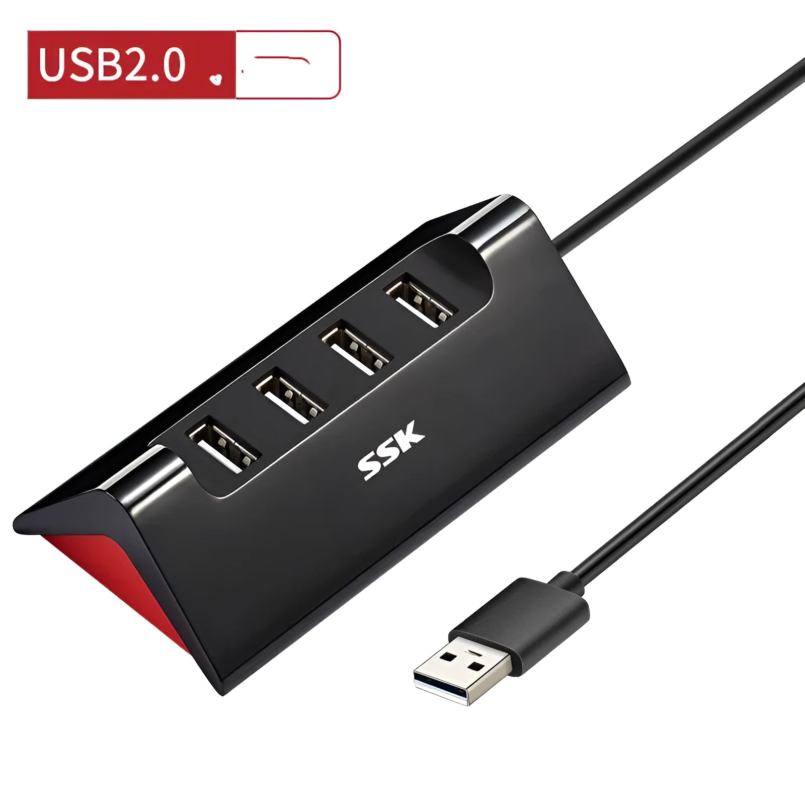 Black ABS plastic USB expansion dock with four ports showing Micro USB power connection
