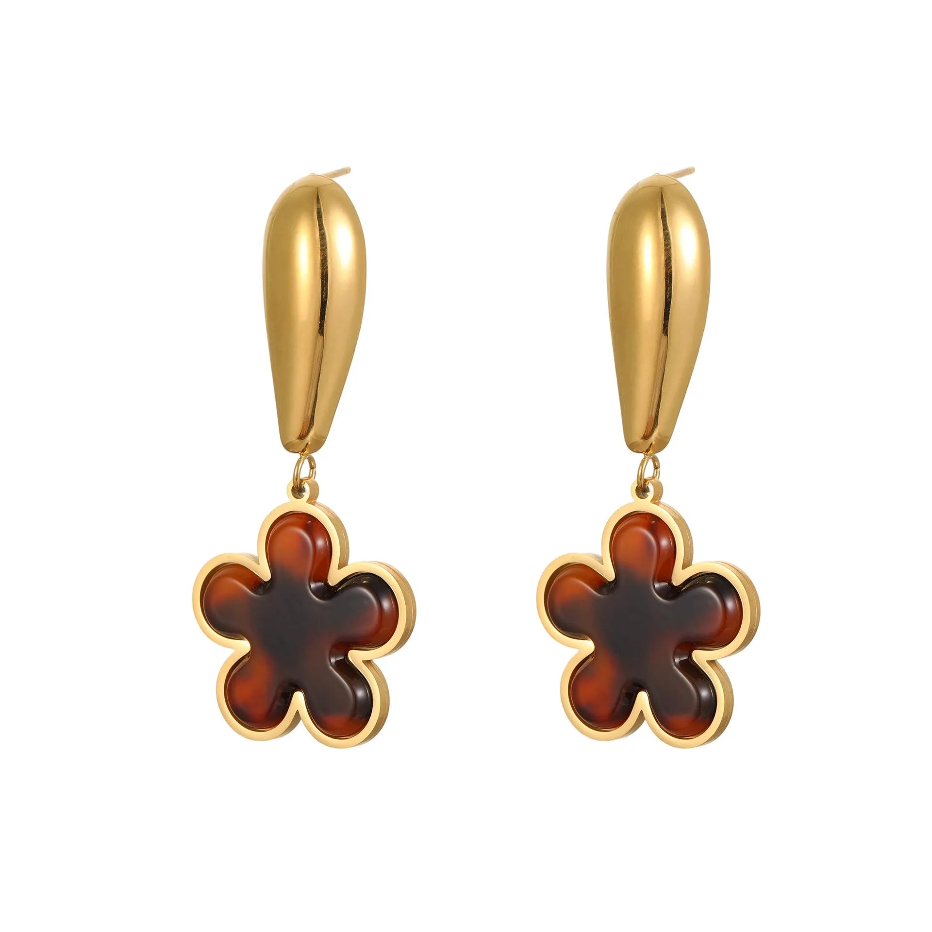 Gold-plated stainless steel earrings with tortoiseshell resin hawksbill patterns in heart and flower designs