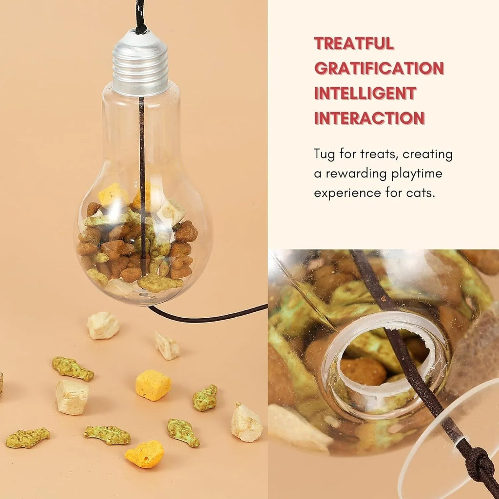 Interactive cat toy with elastic cord, dangling mouse and chicken toys, and treat dispenser bulb