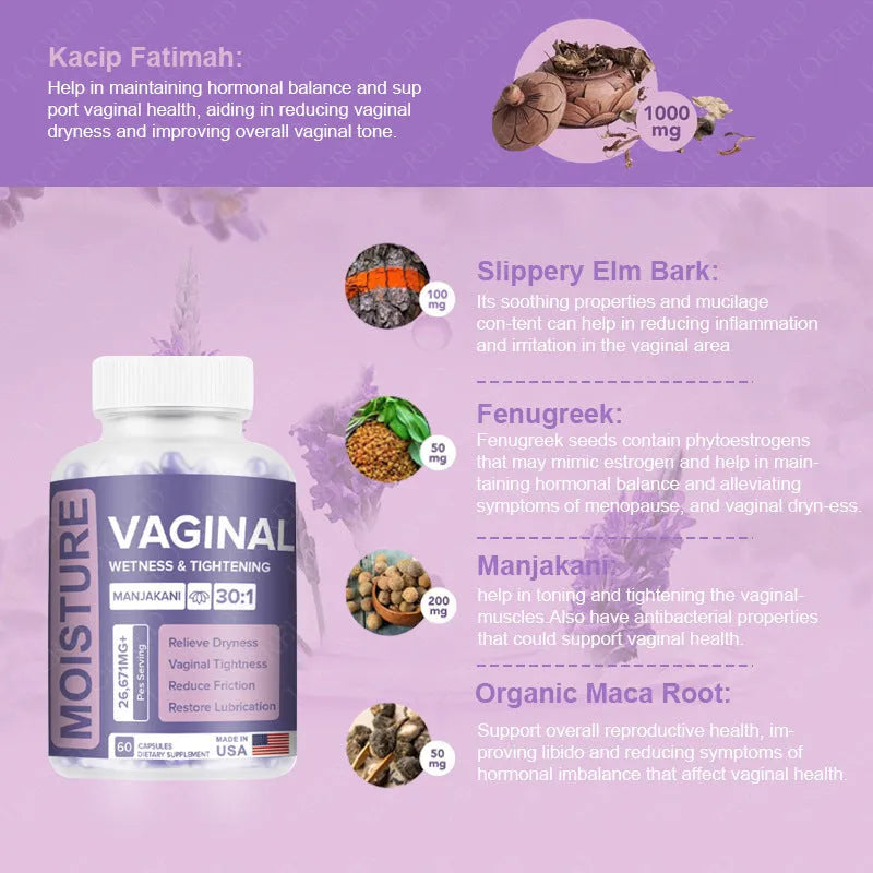Bottle containing 60 vaginal capsules with botanical extract for adult women