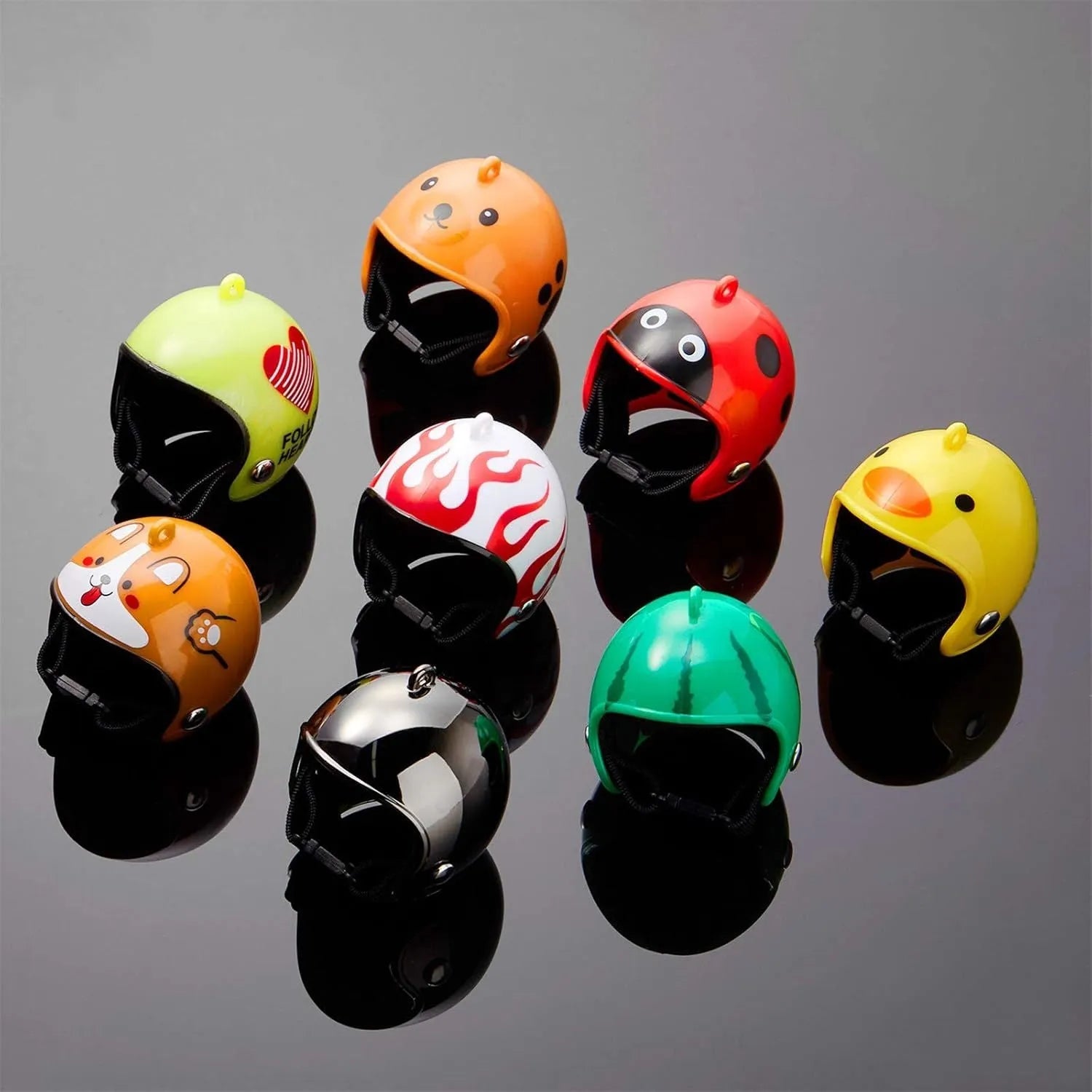 Small plastic pet helmet with elastic straps for chickens and birds.