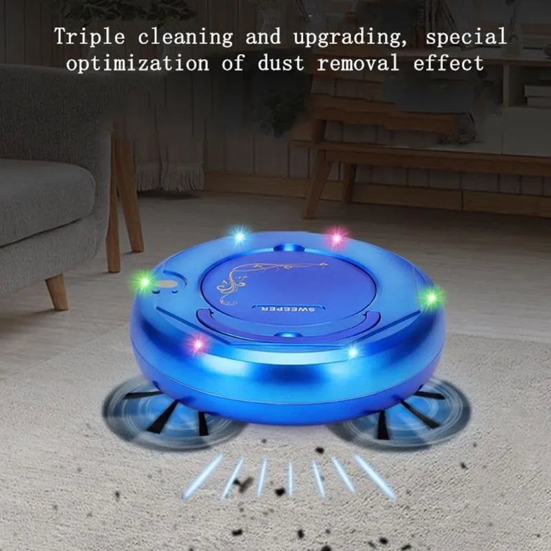 Blue robotic vacuum cleaner on hardwood floor with charging cable and cleaning accessories
