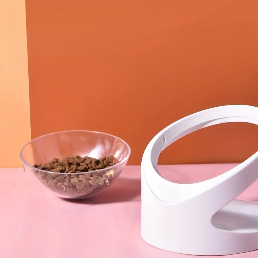 Clear white elevated cat food bowl with ergonomic tilt design for neck support