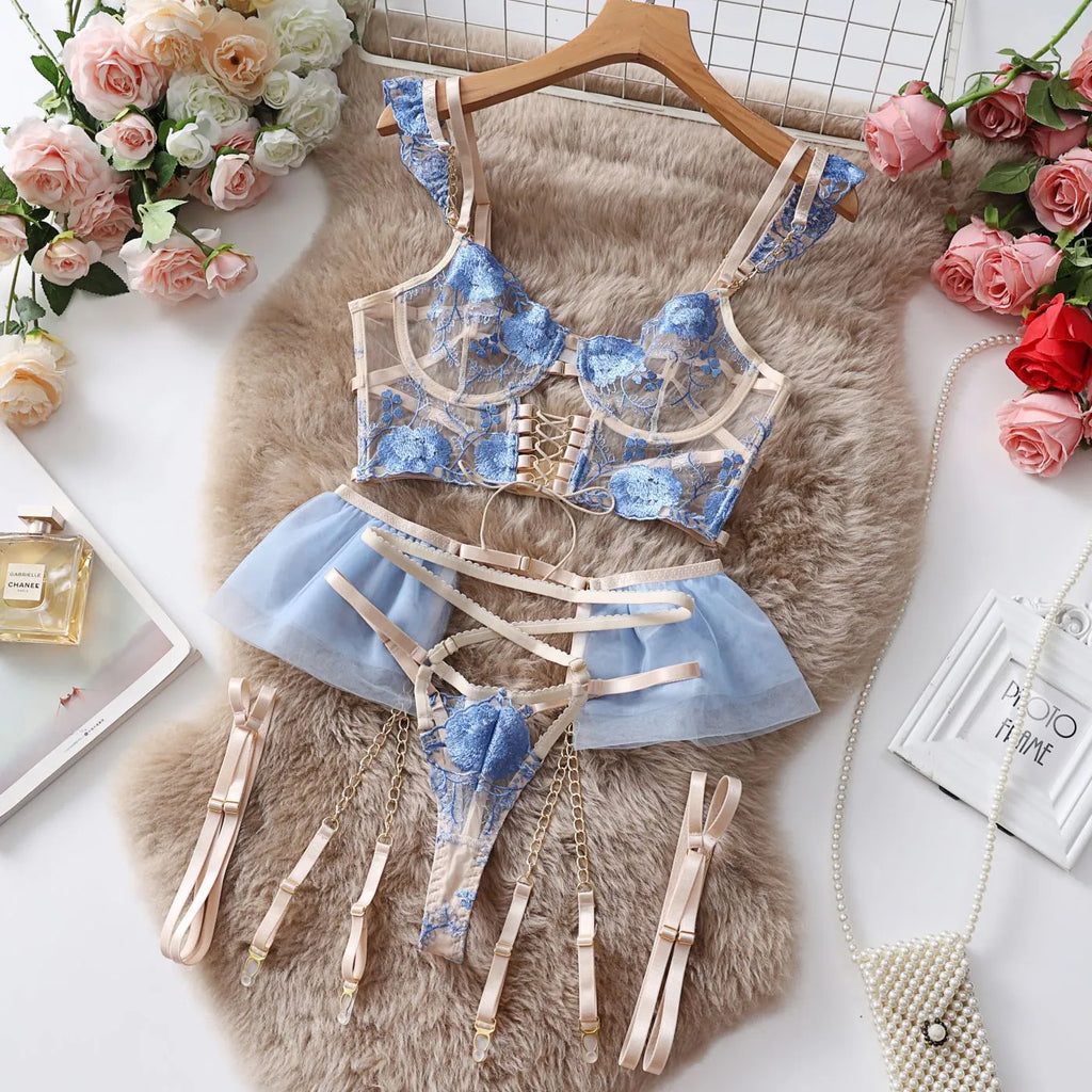 Light blue embroidered lace bra and panty set with transparent mesh design