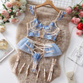 Light blue embroidered lace bra and panty set with transparent mesh design