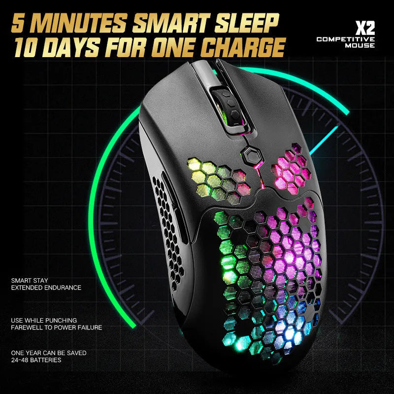 Free Wolf X2 wireless gaming mouse in black with RGB lighting, showing ergonomic shape and side buttons.