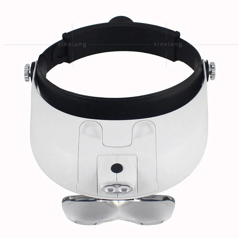 Head mounted magnifier with five lens plates and dual LED light on adjustable head strap