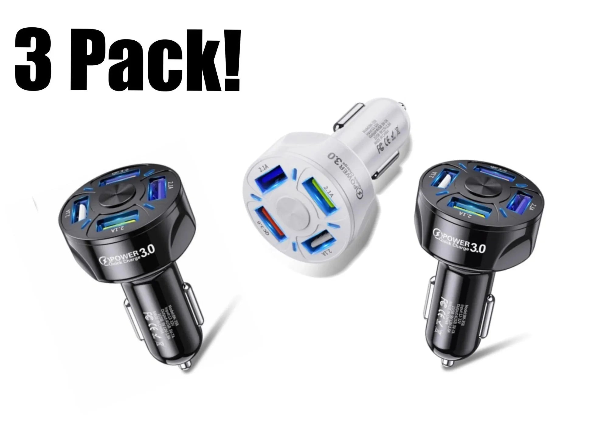 Black 4-port QC3.0 fast charge car charger with ABS body, 3.8cm cube