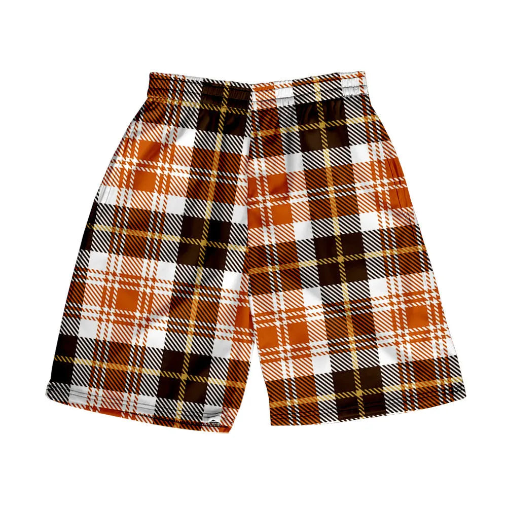 A pair of men's plaid pattern shorts with an elastic waistband, shown in a solid colour.
