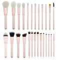 26 pink makeup brushes with wooden handles arranged in a PU storage bag