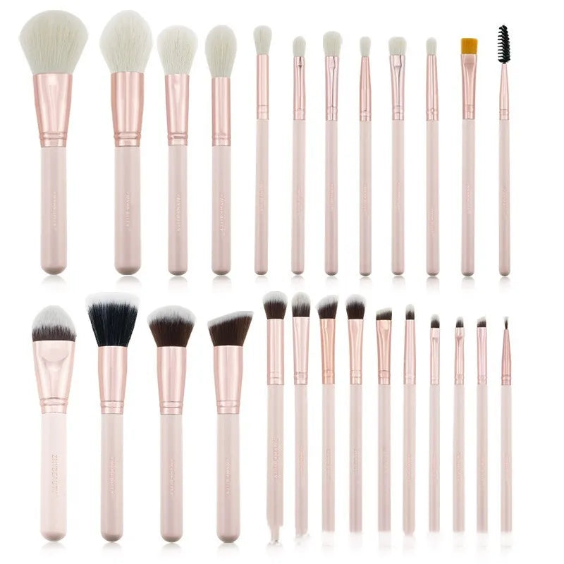 26 pink makeup brushes with wooden handles arranged in a PU storage bag