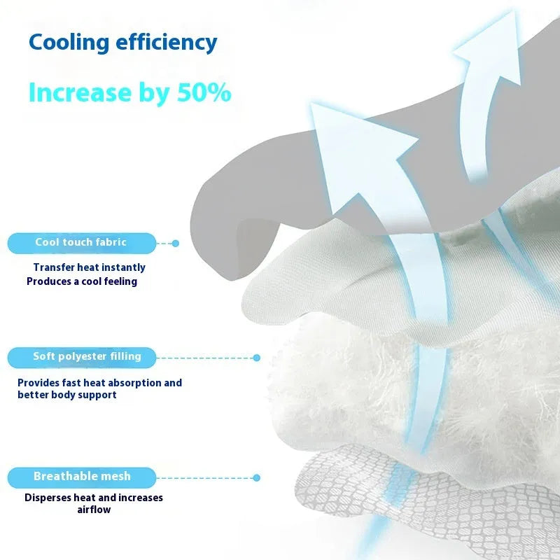 Ice silk dog cooling mat in light grey with non-slip base on a wooden floor