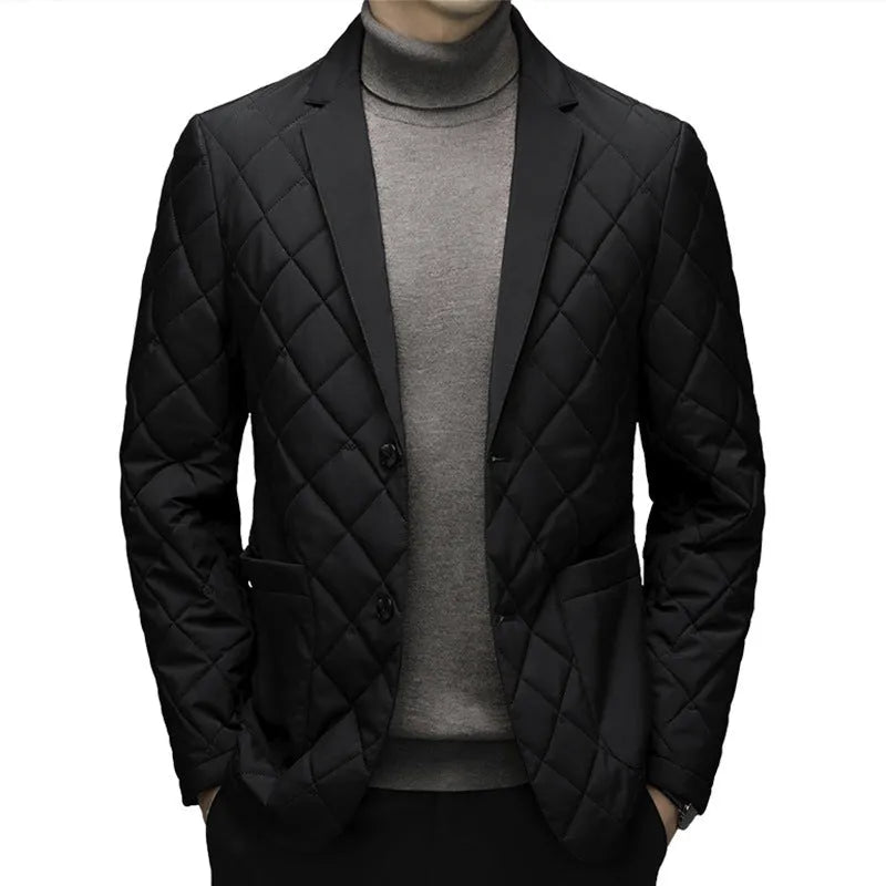 Men's solid colour down jacket cardigan with lapel collar and side seam pockets.