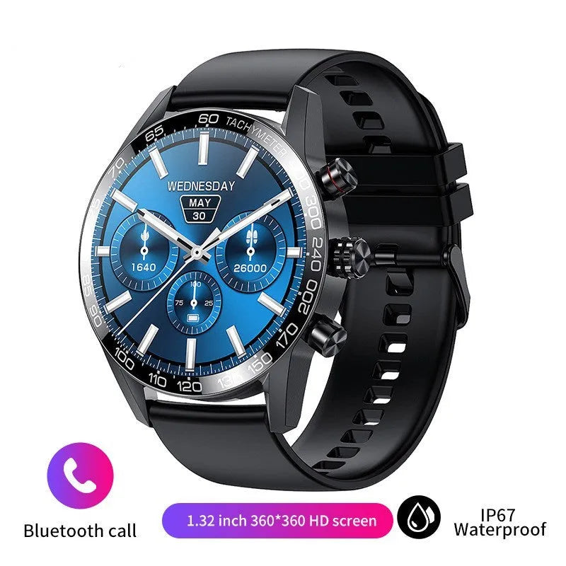 Men's Bluetooth smart phone watch with 1.3-inch LED touch screen and black strap showing health monitoring features