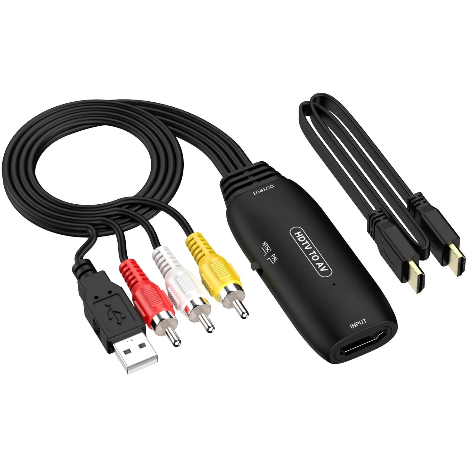 HDMI to AV converter adapter with 110cm cable showing RCA cable and two-terminal connector options
