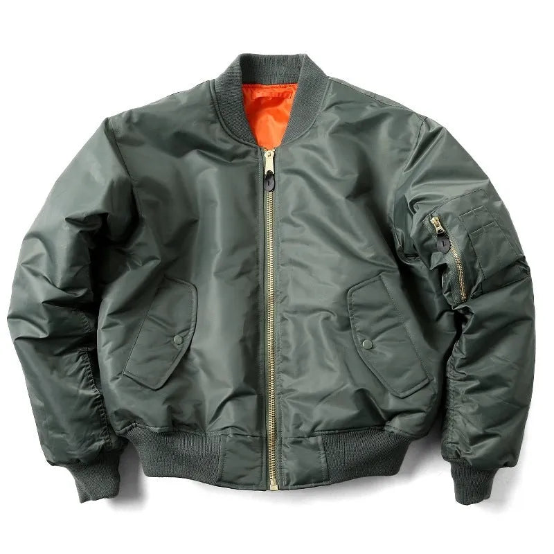 Men's loose-fit Army Green cotton-padded pilot jacket with wear-resistant nylon fabric on a hanger.