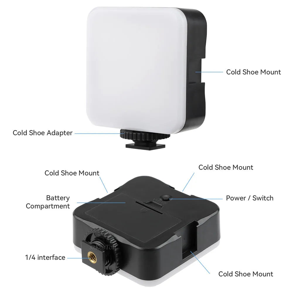 Small square LED camera flash on a mini tripod, showing rotatable head and compact size.
