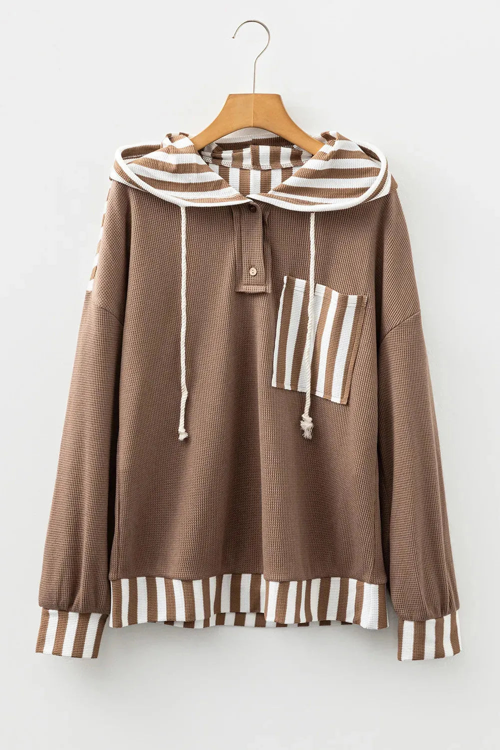 Straw yellow waffle texture striped patchwork hoodie with button neck and drawstring waist