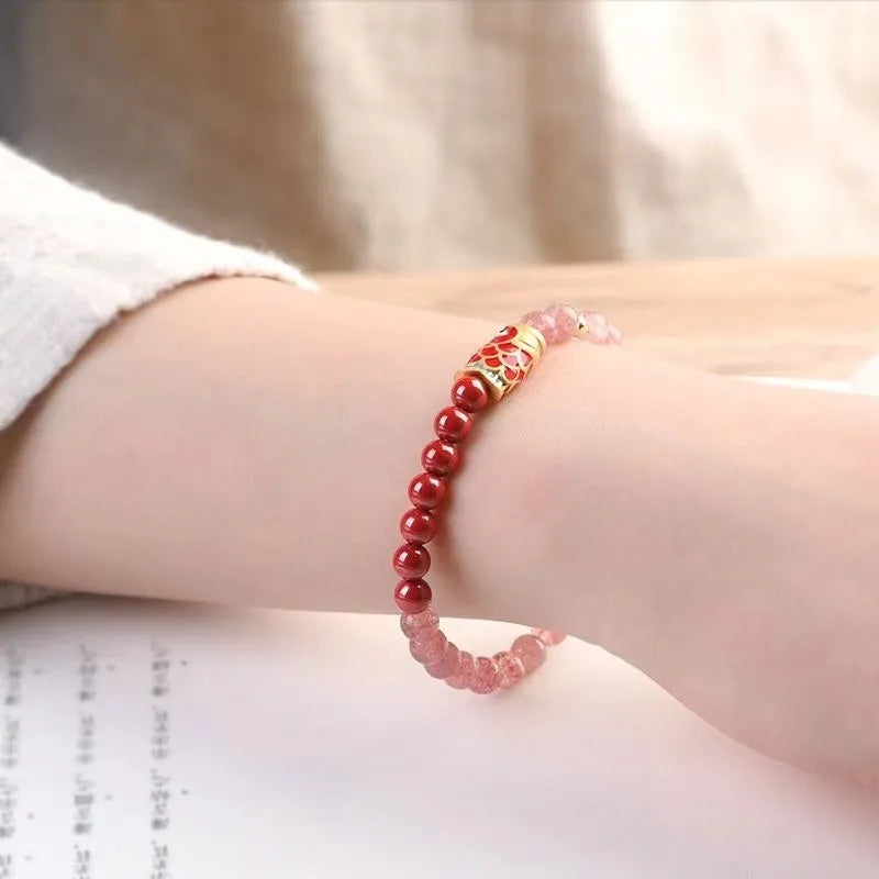Women's purple cinnabar and strawberry quartz retro bracelet with dripping oil treatment