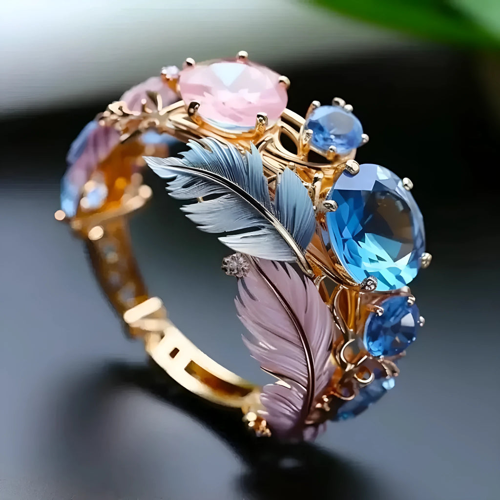 Gold colour brass ring with embossed feather design and cubic zirconia stone.