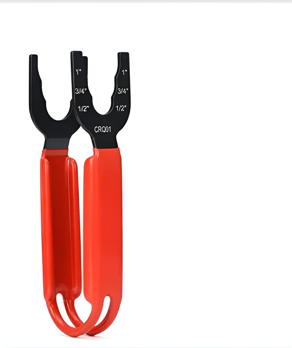Orange coloured steel adjustable pipe wrench with open jaws on a workbench.