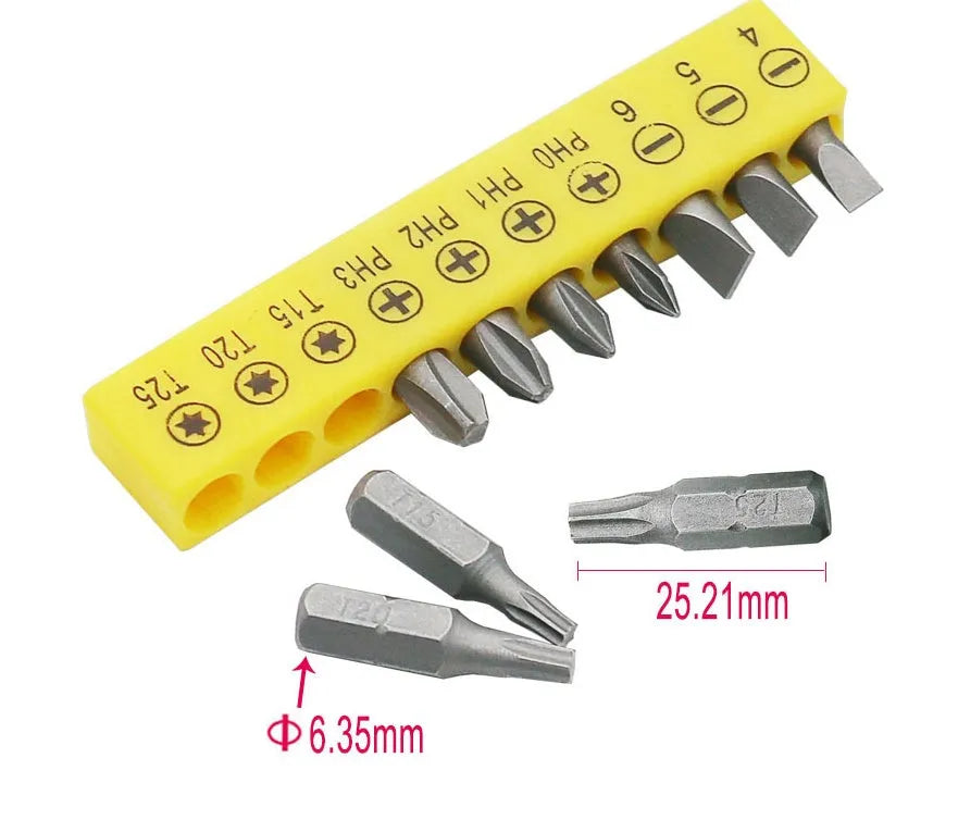 L-type double-headed socket wrench with 10 steel screwdriver bits on workbench