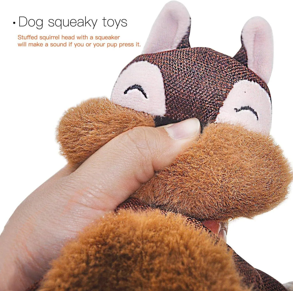 Brown fox dog toy with embroidered eyes, cotton rope arms and legs, squeaker in head