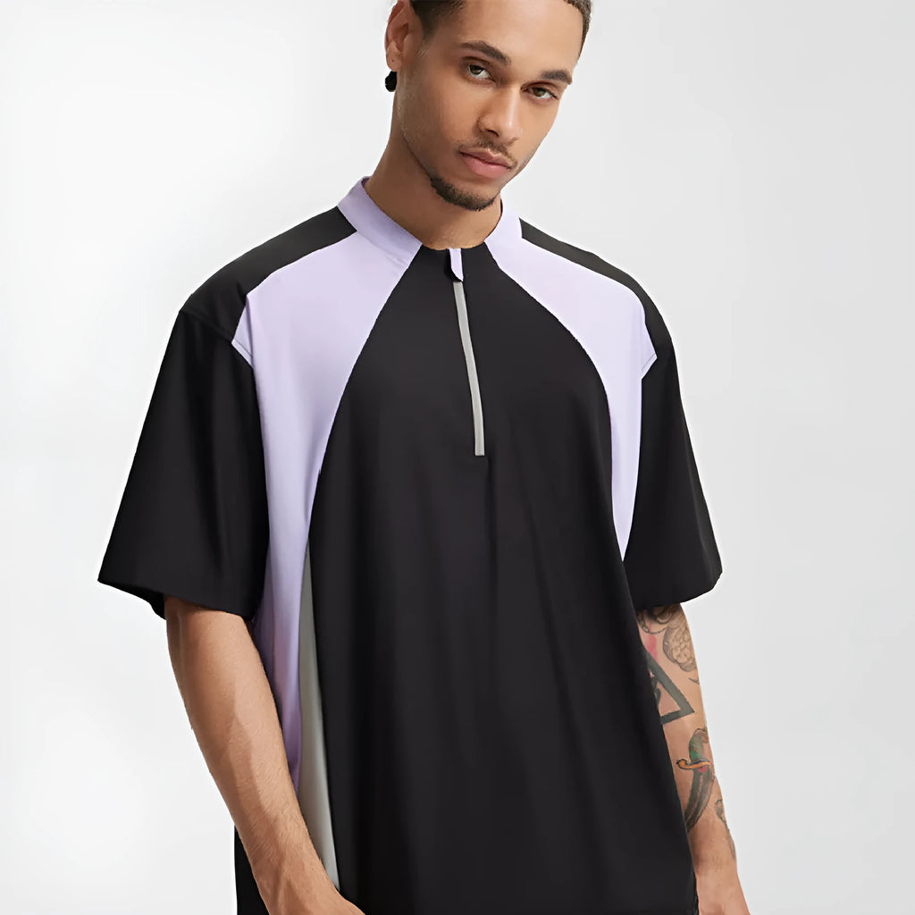 Men's stitching lightweight shirt in polyester fabric showing long sleeve and short sleeve options in black and beige colours