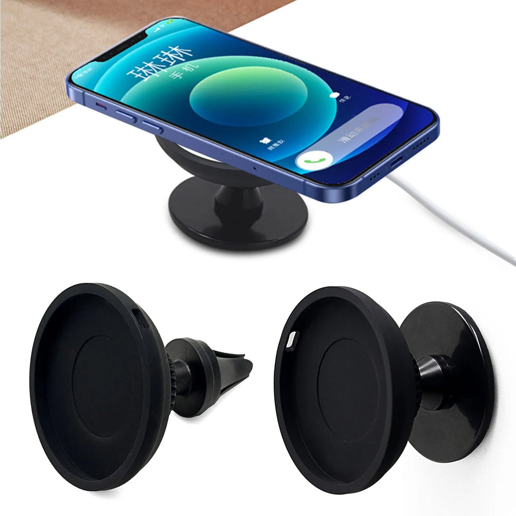 Black magnetic car phone holder showing air vent and base mounting bracket options