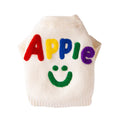 Knitted small dog sweater in white with multicolour Apple and smiley face embroidery