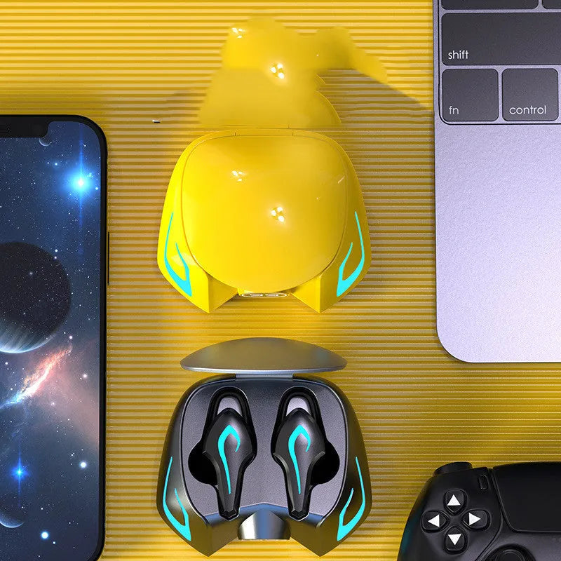 Colourful wireless gaming Bluetooth headset with earplug-style design for zero-latency gameplay audio