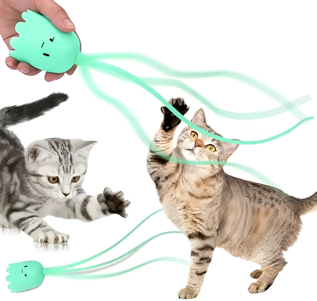 Green electronic cat wand toy with swinging silicone tails for automatic interactive pet play