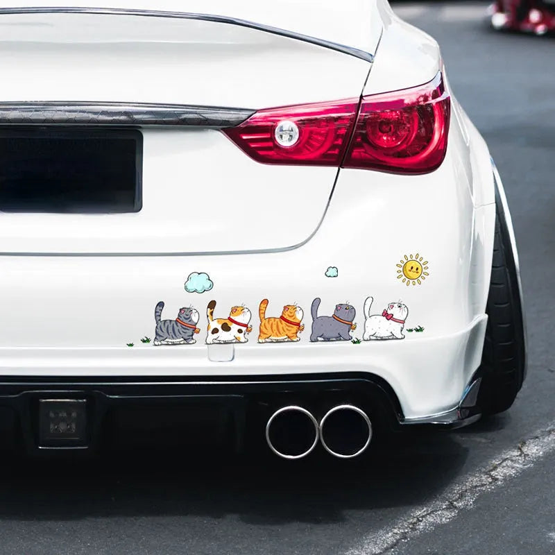 Waterproof PVC car sticker decal showing a design of five cats walking, available in three sizes.