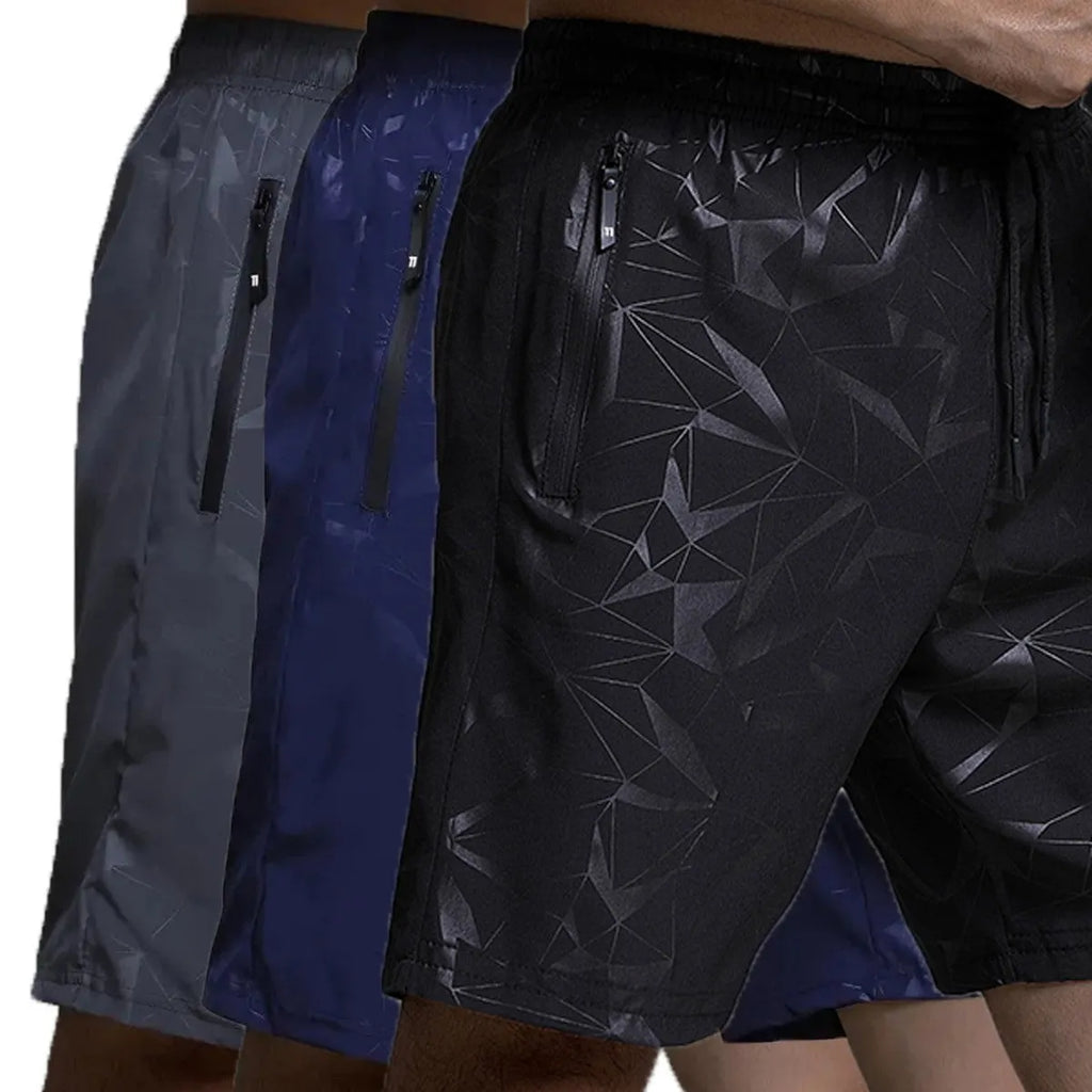 Men's loose fit casual sports shorts in blue, shown from the front on a model.